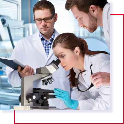 Imagen de tres investigadores, una mujer y dos hombres, analizando elementos en un microscopio.