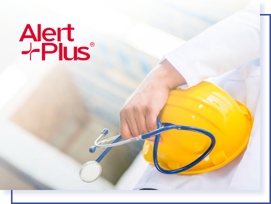 Imagen de la toma del antebrazo de un médico con bata blanca sujetando un estetoscopio azul y un casco amarillo de trabajador. Se muestra el logo de Alert Plus.